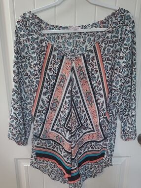 Boho Free 2 Luv 1X Printed Peasant Tunic Top - White with Coral & Teal Accents